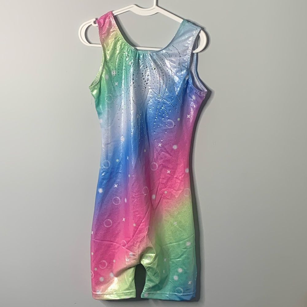 Girls rainbow with gems gymnastics leotard.
